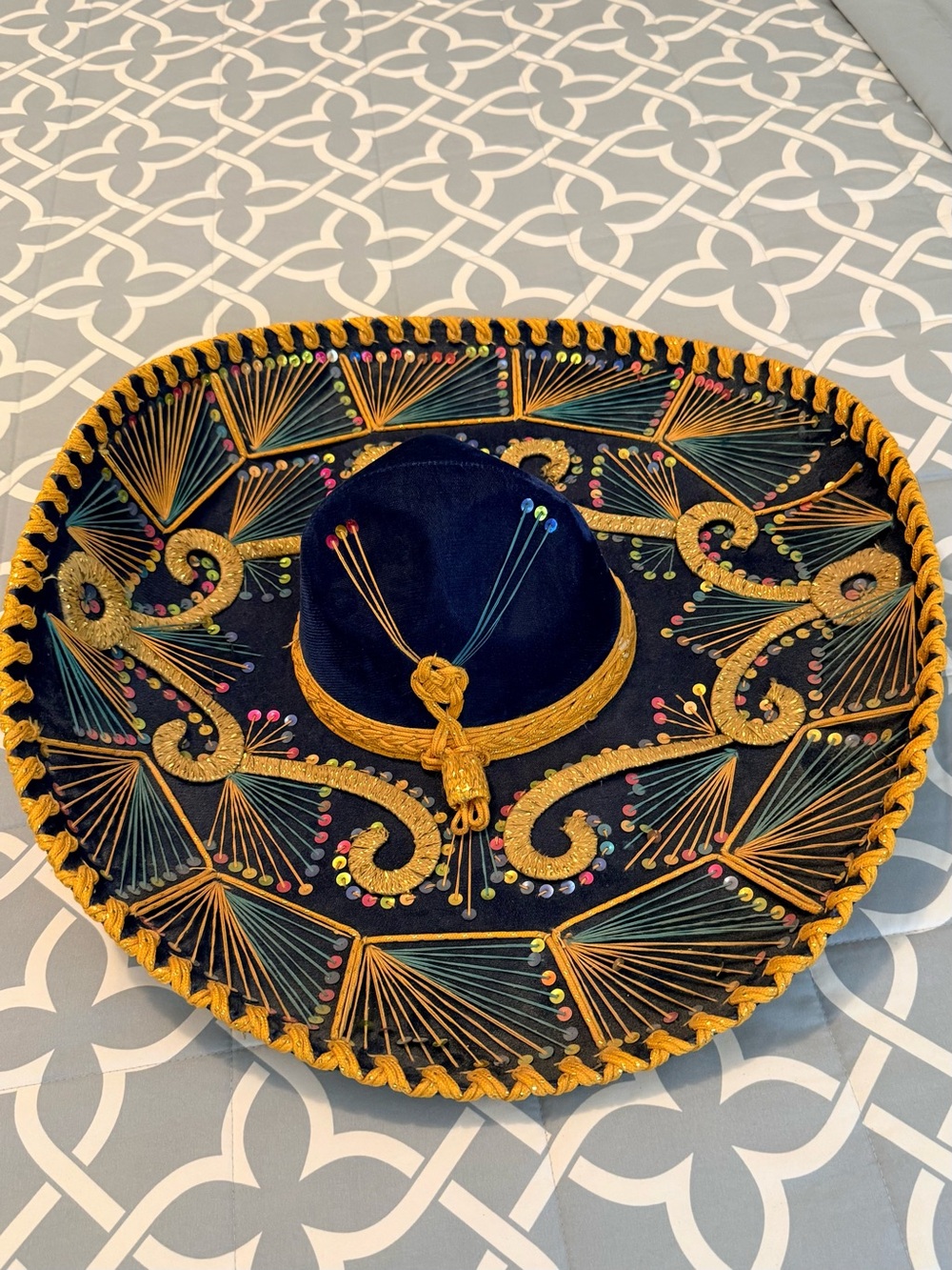 Embroidered Navy Blue Women’s Sombrero with Gold Trim